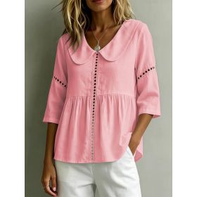 Womens Doll-Neck Hollow-Out Cotton-Linen Top (Option: Pink B-3XL)