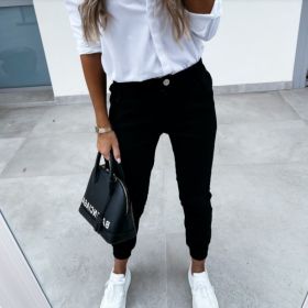 Women's Autumn Pocket Slim Fashion Casual Cropped Trousers (Option: Black-2XL)