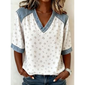 Color-blocked V-neck Raglan Sleeve T-shirt For Women, Loose Fit, Casual And Versatile Short Sleeve. (Option: 3style-XXL)