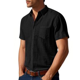 Solid Color Linen Shirt Short Sleeve Men (Option: Black-S)