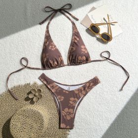 Women's Brown Hibiscus Floral Triangle Bikini Set, Tie-Side Halter Top & Cheeky Bottom, 2 Piece Tropical Swimsuit (Option: S)