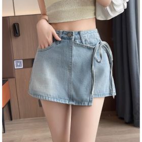 High-waisted Slimming Instagram-style Denim Skirt With Tie Details (Option: Light Blue-2XL)