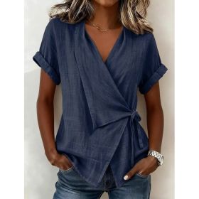 Women's Casual Lapel Collar Lace-Up Short-Sleeve Top (Option: Navy Blue-S)