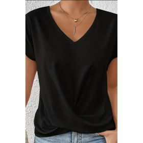 Knot V Neck T-Shirt, Casual Short Sleeve T-Shirt For Spring & Summer, Women's Clothing (Option: Black-XL)