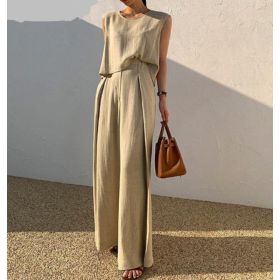 Cotton And Linen Casual Sleeveless Top Wide Leg Pants Two-piece Set (Option: Khaki A-L)