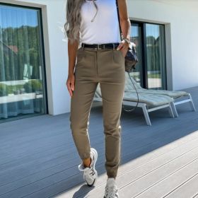 Women's Autumn Pocket Slim Fashion Casual Cropped Trousers (Option: Army Green-2XL)
