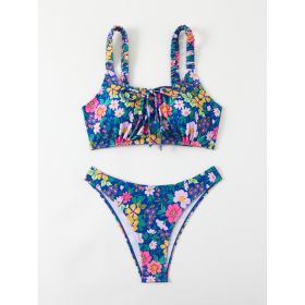 Women's Floral Print Bralette Bikini Set, Ruched Shoulder Straps & Front Tie Top, High Cut Cheeky Bottom 2 Piece Swimsuit (Option: S)