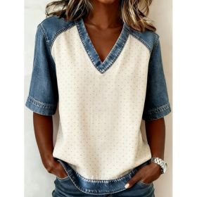 Color-blocked V-neck Raglan Sleeve T-shirt For Women, Loose Fit, Casual And Versatile Short Sleeve. (Option: 4style-XXL)