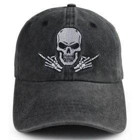 2pcs Washed Black Skull Baseball Cap, Skeleton Rock Hand Embroidered Hat, Adjustable Vintage Distressed Cotton Trucker Cap For Men Women (Option: 1pcs)