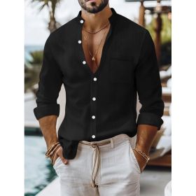 Solid-color Cotton-linen Shirt, Mandarin-collar Cardigan, Long-sleeve Business-casual Shirt (Option: Black-S)