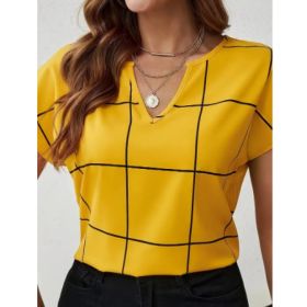 Plaid Print Notched Neck Blouse, Casual Short Sleeve Blouse For Spring & Summer, Women's Clothing (Option: Yellow-L)