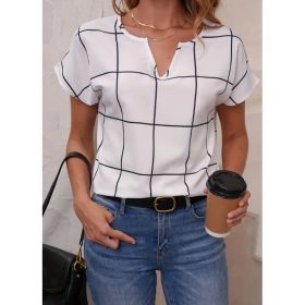 Plaid Print Notched Neck Blouse, Casual Short Sleeve Blouse For Spring & Summer, Women's Clothing (Option: White-XXXL)