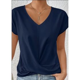 Knot V Neck T-Shirt, Casual Short Sleeve T-Shirt For Spring & Summer, Women's Clothing (Option: Blue-3XL)