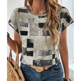 Women's Chic Geometric Aztec Print T-Shirt - Casual Crew Neck, Durable Non-Stretch Fabric, Ideal For Summer Wear (Option: Black-3XL)