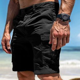 Men's Cargo Shorts Summer Multi-Pocket Button Zipper Pants With Pockers Fashion Beach Pants (Option: Black-L)