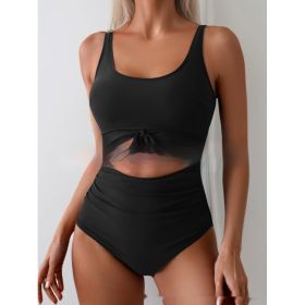 One-piece Female Stitching Contrast Color Strap Covered Belly Swimsuit (Option: Black-S)