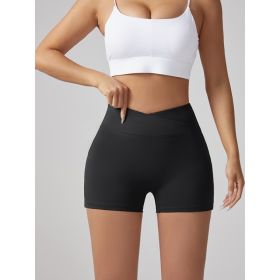 V-waist Stretch Yoga Workwear, Pocket Button Tight Pants, Women's Peach Hip Running And Fitness Shorts (Option: Black-XL)