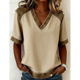 Color-blocked V-neck Raglan Sleeve T-shirt For Women, Loose Fit, Casual And Versatile Short Sleeve. (Option: 5style-XXL)