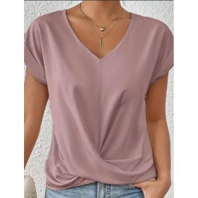 Knot V Neck T-Shirt, Casual Short Sleeve T-Shirt For Spring & Summer, Women's Clothing (Option: Pink-XL)