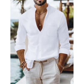 Solid-color Cotton-linen Shirt, Mandarin-collar Cardigan, Long-sleeve Business-casual Shirt (Option: White-S)