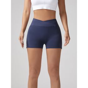 V-waist Stretch Yoga Workwear, Pocket Button Tight Pants, Women's Peach Hip Running And Fitness Shorts (Option: Navy Blue-XL)