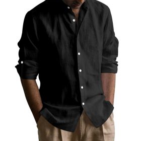 Men's Linen-cotton Long Sleeve Stand Collar Shirt (Option: Black-L)