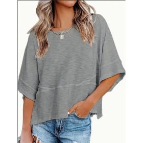 Women's Clothing Solid Color Crew Neck Loose Basic T-shirt (Option: Grey-L)