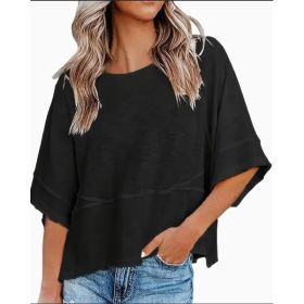 Women's Clothing Solid Color Crew Neck Loose Basic T-shirt (Option: Black-3XL)