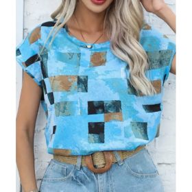 Women's Chic Geometric Aztec Print T-Shirt - Casual Crew Neck, Durable Non-Stretch Fabric, Ideal For Summer Wear (Option: Sky Blue-S)