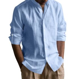 Men's Linen-cotton Long Sleeve Stand Collar Shirt (Option: Light Blue-L)