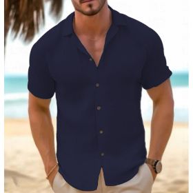 Men's Short-Sleeved Button-Down Shirt Summer Slim-Fit Lapel Shirts Casual Beachwear Clothing (Option: Navy Blue-L)