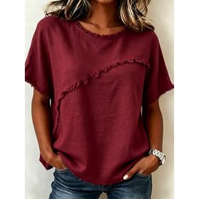 Women's Round-Neck Casual Loose Short-Sleeve Top (Option: Wine Red-2XL)