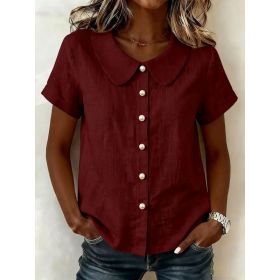 Womens Solid-Colored Short-Sleeve Casual Loose Cotton-Linen Shirt (Option: Wine Red-S)