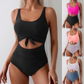 One-piece Female Stitching Contrast Color Strap Covered Belly Swimsuit (Option: Rose red Black-XXL)