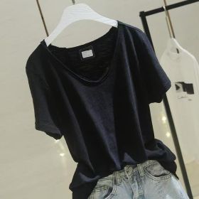Versatile Patchwork Bamboo-cotton Thin Summer Short-sleeve Top (Option: Black-2XL)