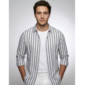 Striped Print Shirt Casual Loose Long-sleeved Shirt Men's Clothing (Option: HDCS016 Light Gray-L)