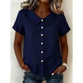 Womens Solid-Colored Short-Sleeve Casual Loose Cotton-Linen Shirt (Option: Navy Blue-S)