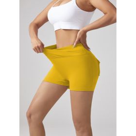 V-waist Stretch Yoga Workwear, Pocket Button Tight Pants, Women's Peach Hip Running And Fitness Shorts (Option: Yellow-XL)