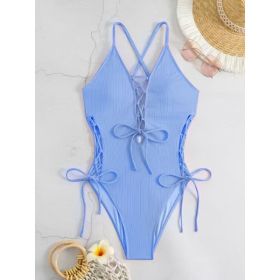 European And American Sexy Backless Siamese Bikini Swimsuit (Option: Azure-S)
