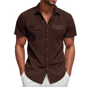 Loose Heavy Lapel Corduroy Workwear Short Sleeve Shirt (Option: Brown-S)