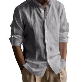 Men's Linen-cotton Long Sleeve Stand Collar Shirt (Option: Iron Gray-L)