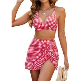 Split Bikini Cover Belly Slimming Swimsuit Suit (Option: Pink Plaid-L)