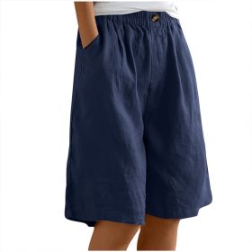 Women's Casual High Waist Loose Fit Solid Color Shorts - Button & Elastic Waist With Pockets, Comfortable Summer Shorts (Option: Navy Blue-2XL)