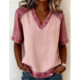 Color-blocked V-neck Raglan Sleeve T-shirt For Women, Loose Fit, Casual And Versatile Short Sleeve. (Option: 1style-XXL)