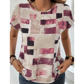 Women's Chic Geometric Aztec Print T-Shirt - Casual Crew Neck, Durable Non-Stretch Fabric, Ideal For Summer Wear (Option: Pink Color-2XL)