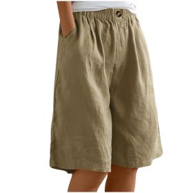 Women's Casual High Waist Loose Fit Solid Color Shorts - Button & Elastic Waist With Pockets, Comfortable Summer Shorts (Option: Khaki-M)