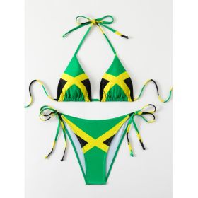 Women's Jamaica Flag Print Triangle Bikini Set, Halter Tie Top & Side Tie High Cut Bottom, 2 Piece Caribbean Swimsui (Option: S)