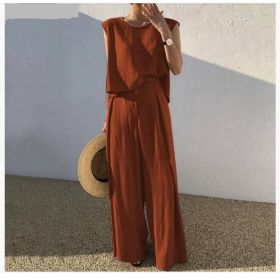 Cotton And Linen Casual Sleeveless Top Wide Leg Pants Two-piece Set (Option: Orange-L)