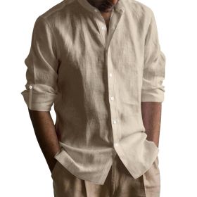 Men's Linen-cotton Long Sleeve Stand Collar Shirt (Option: Khaki-L)