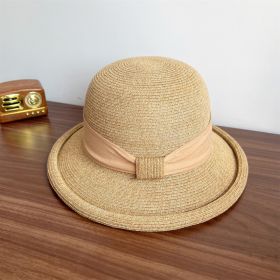 French Straw Sun Protection Bow Curling Temperament Straw Hat (Option: Khaki-M)